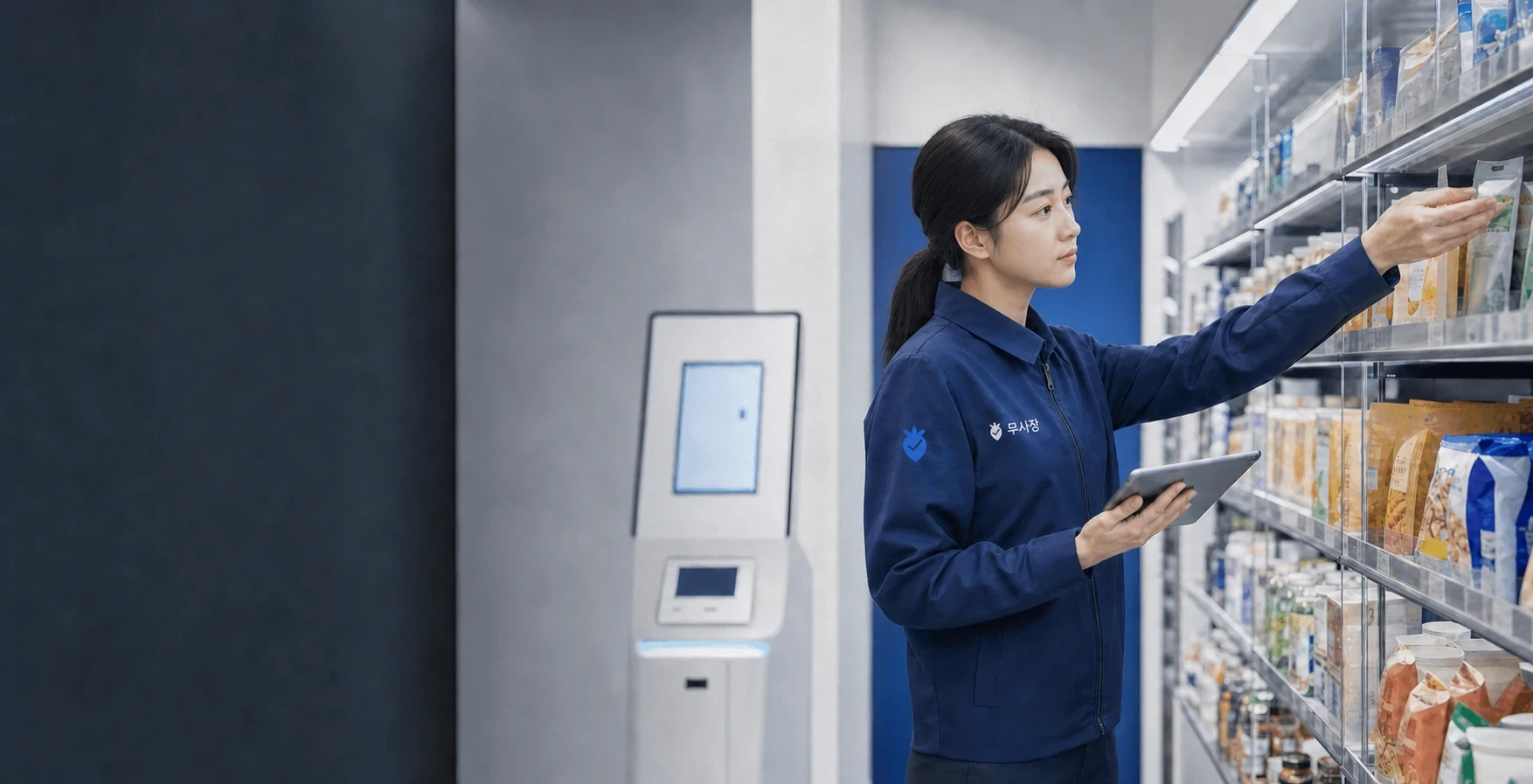 무사장 새 로고 유니폼을 입고 상품을 점검하는 케어매니저