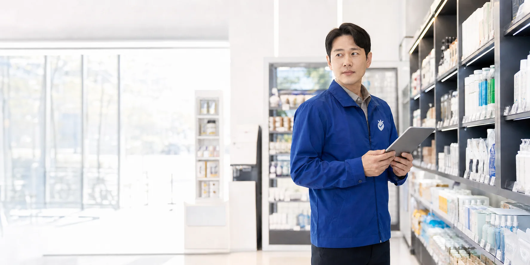 무사장 로고 유니폼을 입은 케어매니저가 태블릿으로 무인점포 진열대를 점검하는 모습