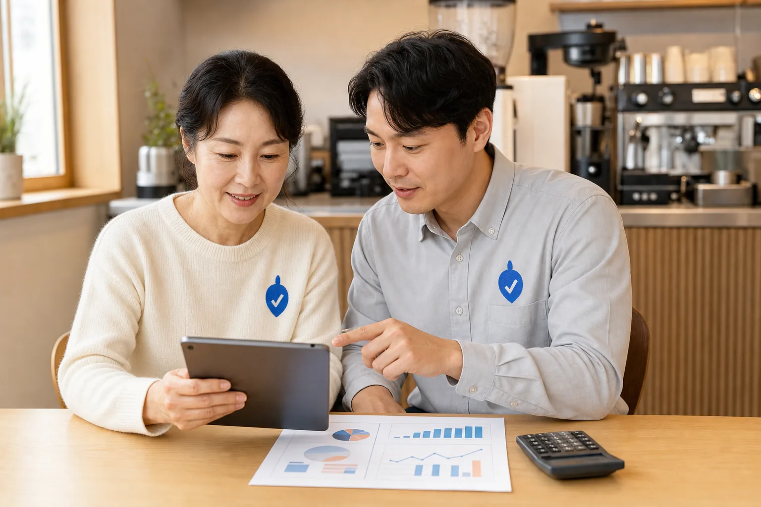무사장 로고 의상을 입은 사장님과 상담 담당자가 태블릿으로 방문 횟수와 관리 범위를 비교하는 모습
